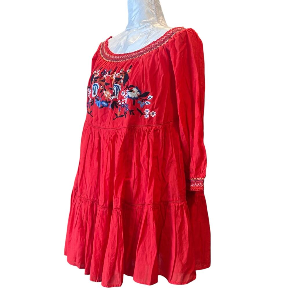 Free People Red Tiered Mini Dress Womens Sz Medium Sunbeams Embroidered Boho - Picture 16 of 16